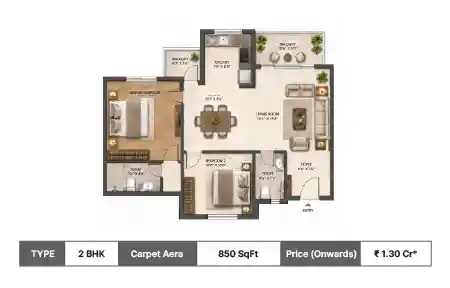 Runwal The Central Park 2 BHK floor plan, 850 sq ft carpet area