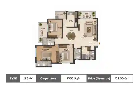 Runwal The Central Park 3 BHK floor plan, 1550 sq ft carpet area